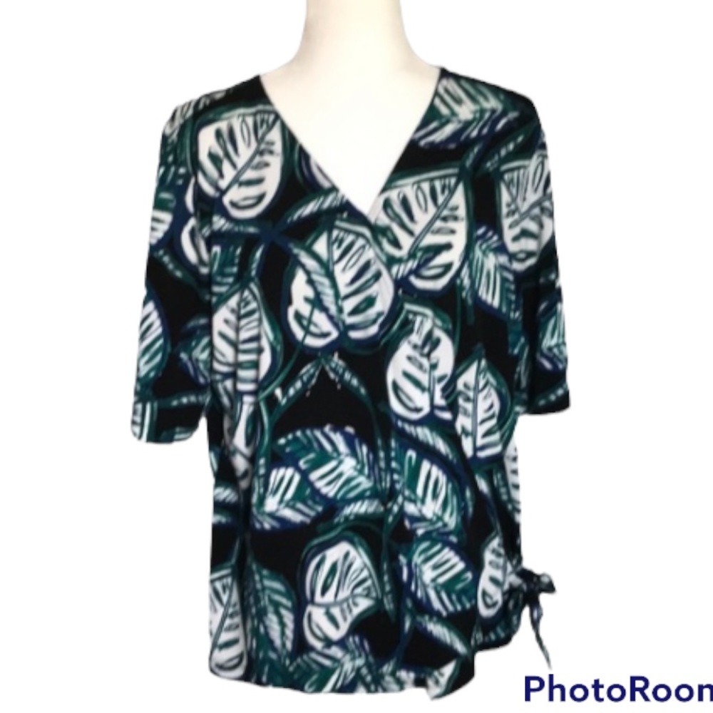 Christopher & Banks Teal & Navy Tropical Palm Leaf Print Easy Wrap Side Tie Top